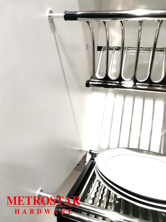 Stainless steel kitchen cabinet dish rack close view