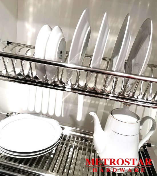 Stainless steel kitchen cabinet dish rack with plates and kettle