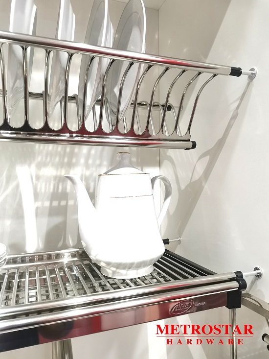 Stainless steel kitchen cabinet dish rack with plates and kettle