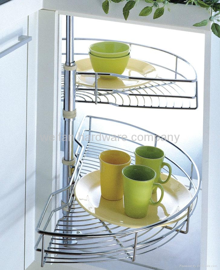 Stainless Steel 180 Degree Kitchen Corner Rotary Tray Rack with cups on it